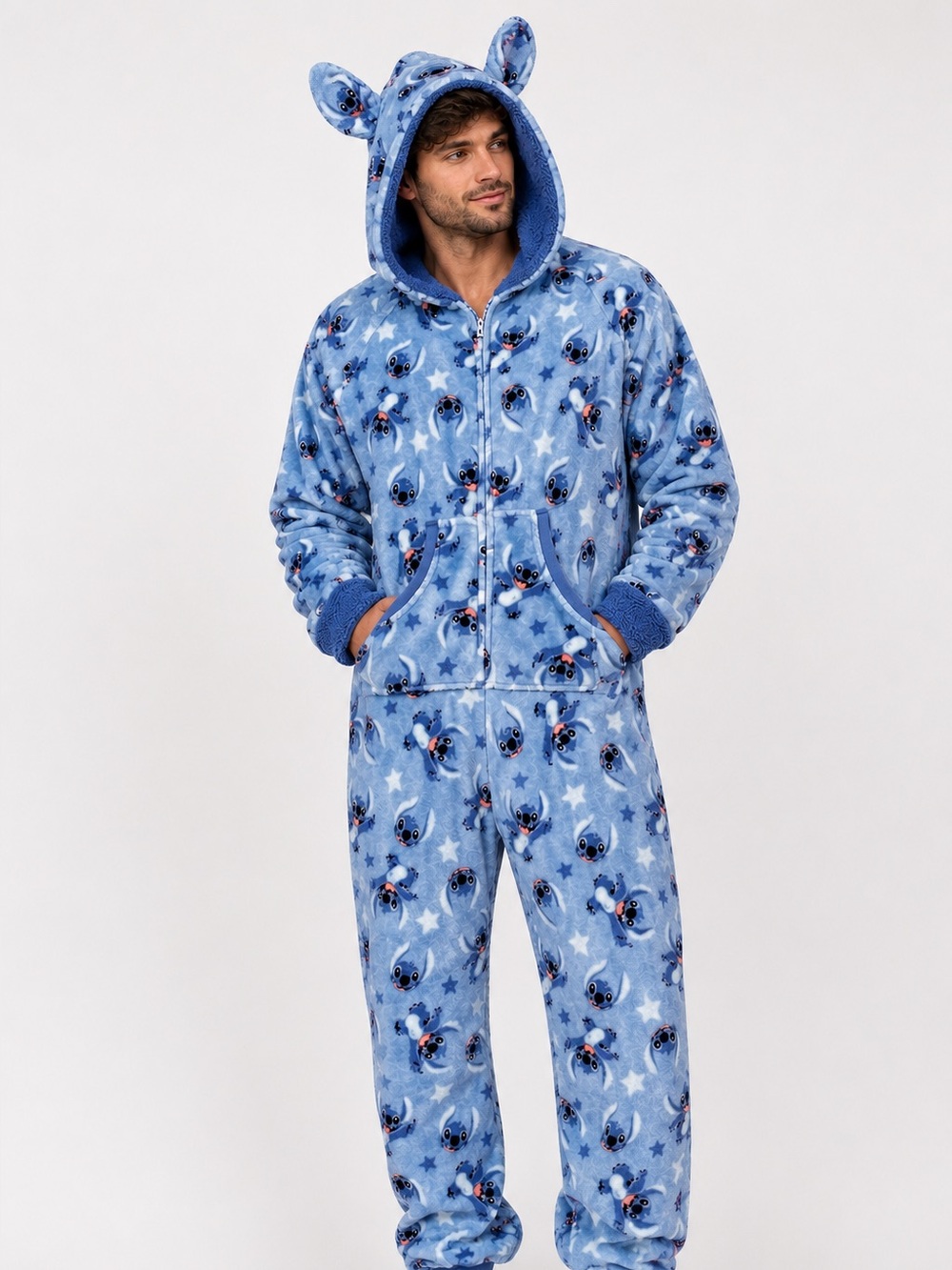 Disney Stitch Fleece Hooded Union Suit Pajamas Blue Large